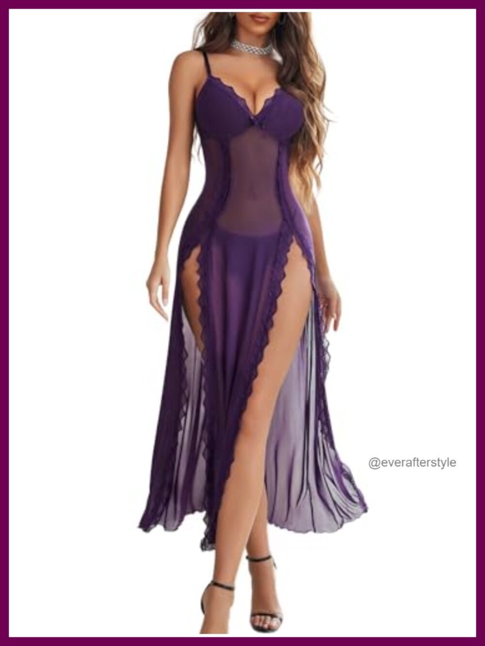 Lace Mesh Babydoll Chemise V Neck Side Split Lingerie Nightgown Adjustable